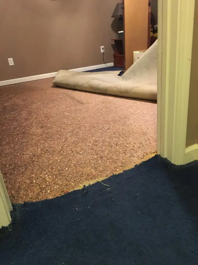Carpet pad removal revealing water damage during Water Mitigation Services in Plumsted